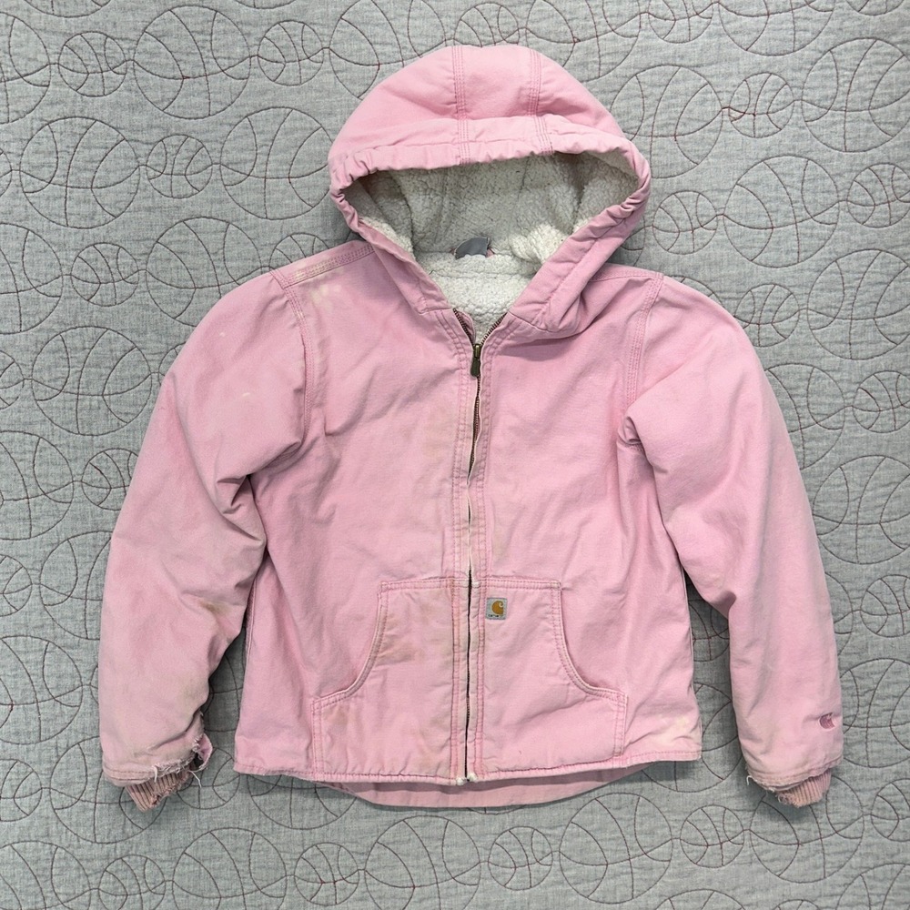 Carhartt Hooded Jacket Pink Sherpa Lined Canvas Distressed / Girl's Medium